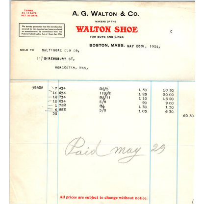 A.G. Walton & Co Walton Shoe Boston 1924 Original Billhead Receipt D8-LL