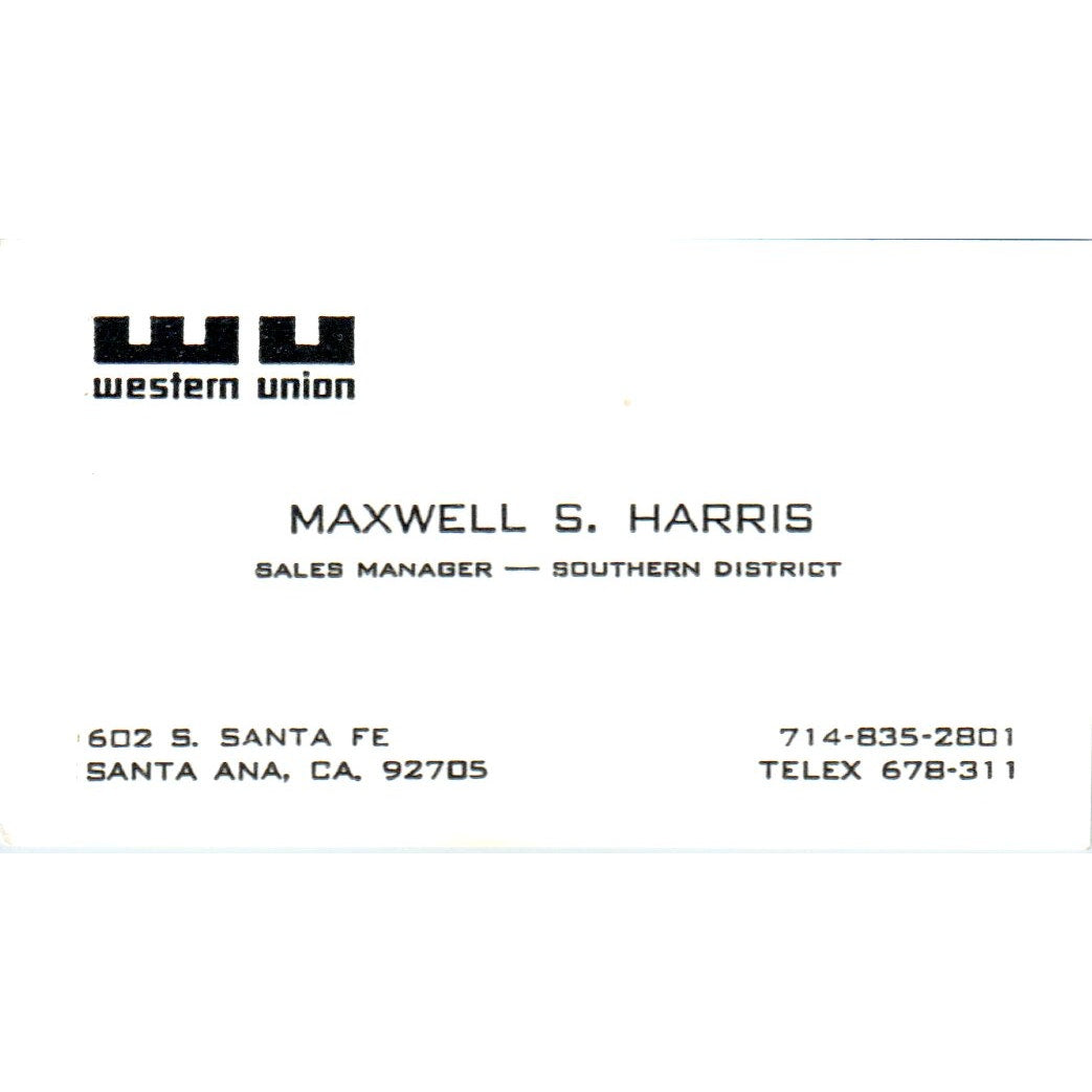 Western Union Maxwell S. Harris Santa Ana CA Vintage Business Card SD8-B12