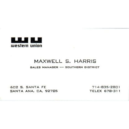 Western Union Maxwell S. Harris Santa Ana CA Vintage Business Card SD8-B12