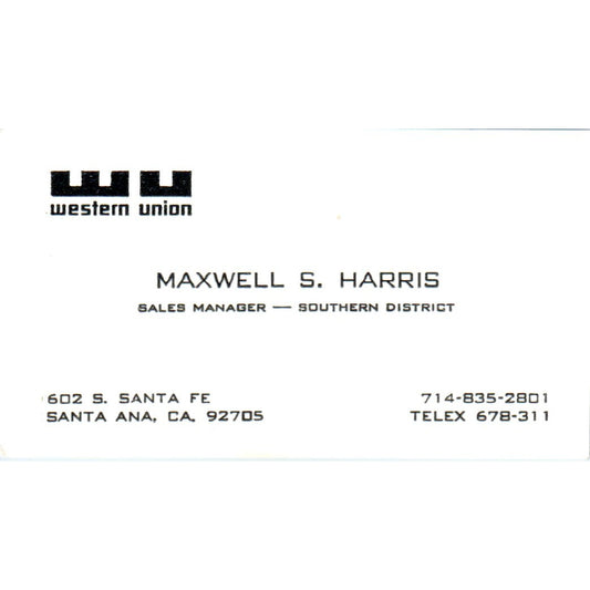 Western Union Maxwell S. Harris Santa Ana CA Vintage Business Card SD8-B12