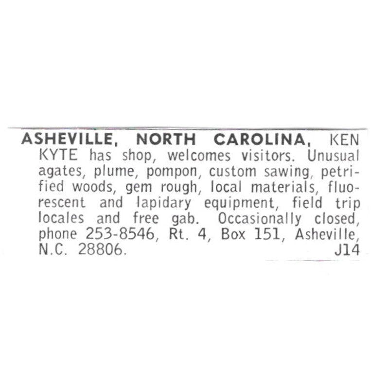 Ken Kyte Lapidary Supply Asheville North Carolina 1972 Ad AF8-S24