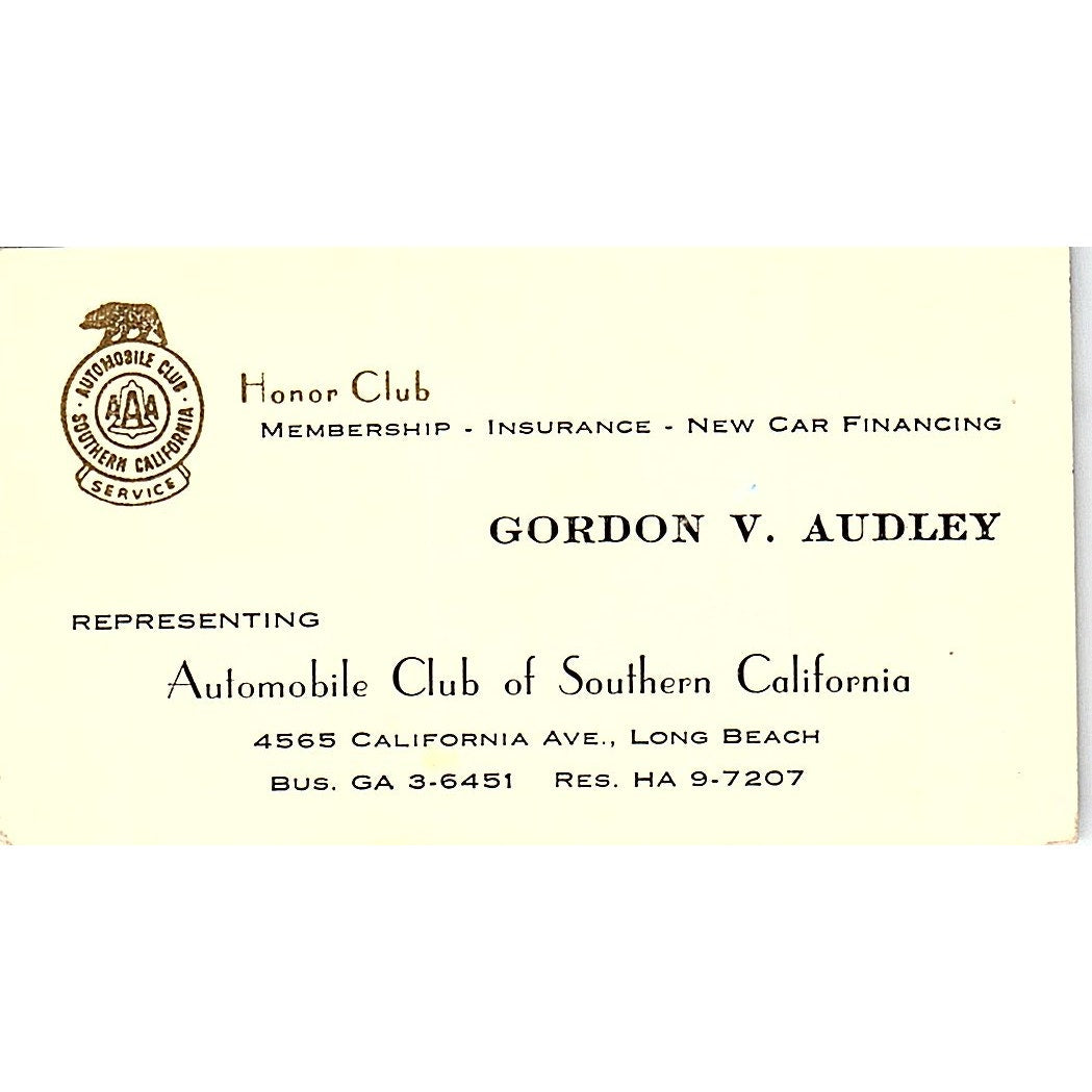 Gordon V Audley Automobile Club of Southern CA Long Beach Business Card SE3-B15
