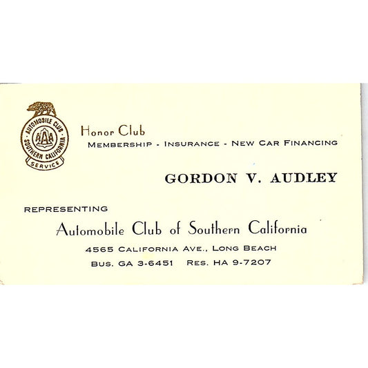 Gordon V Audley Automobile Club of Southern CA Long Beach Business Card SE3-B15