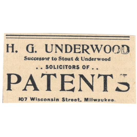 H.G. Underwood Patents Wisconsin Street Milwaukee 1898 Newspaper Clip AF7-E12