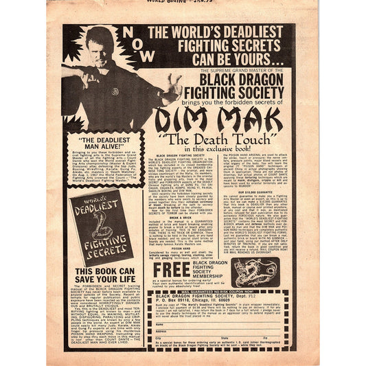 Dim Mak - The Death Touch - Black Dragon Fighting Society Chicago 1974 Ad AG1-10