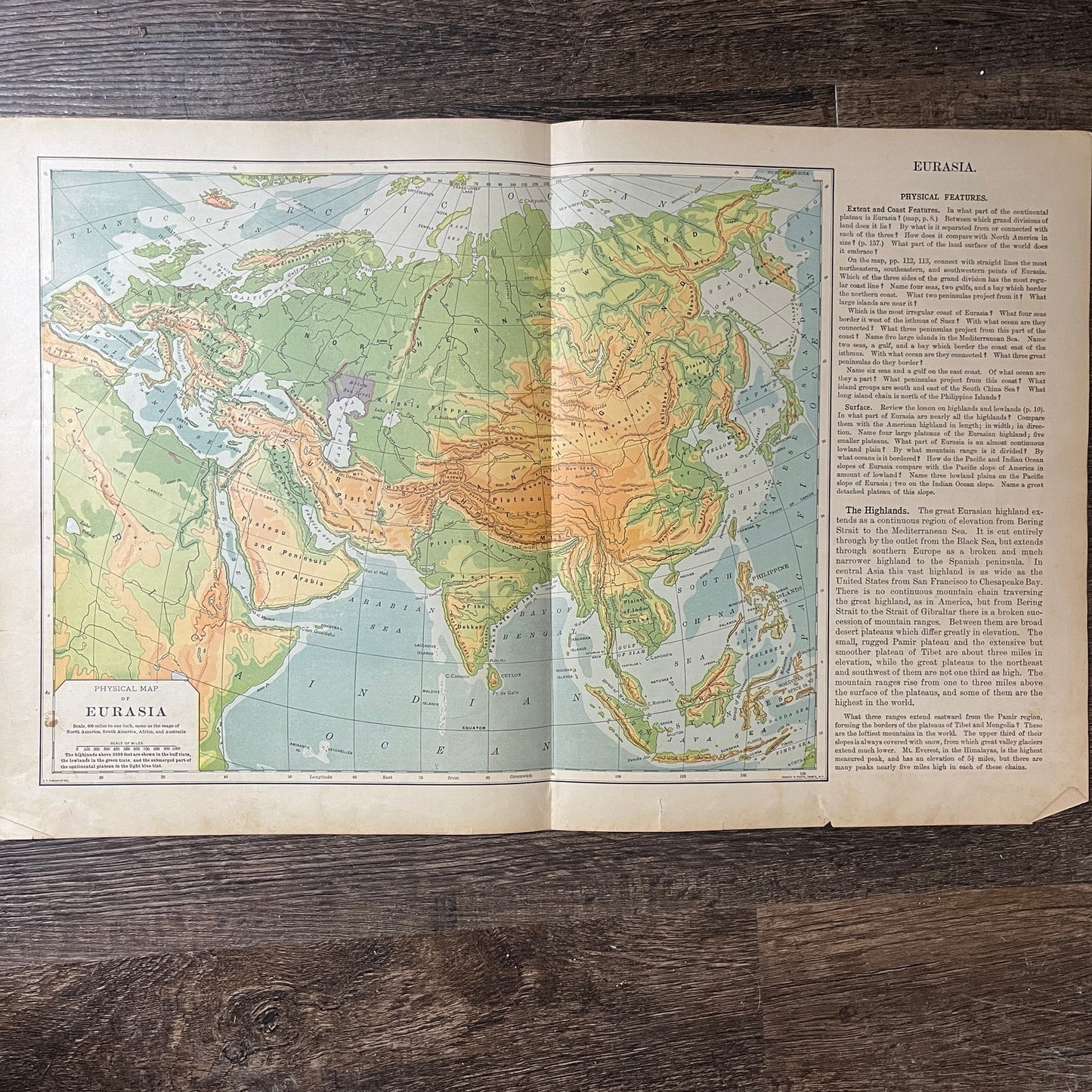 Physical Map of Eurasia 2 Page Fold Out Map 1901 Map V14-1