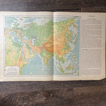 Physical Map of Eurasia 2 Page Fold Out Map 1901 Map V14-1