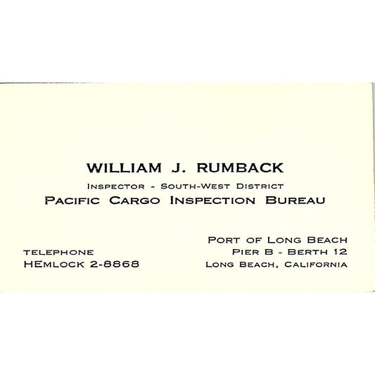 William J Rumback Pacific Cargo Inspection Long Beach Business Card SE3-B15