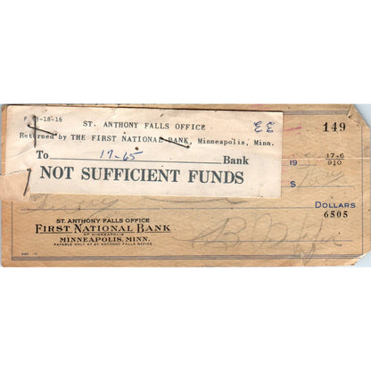 1957 Bounced Check First National Bank Minneapolis MN AE2