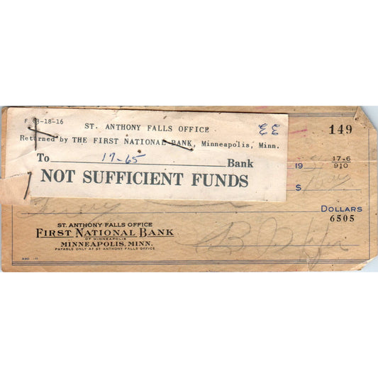 1957 Bounced Check First National Bank Minneapolis MN AE2