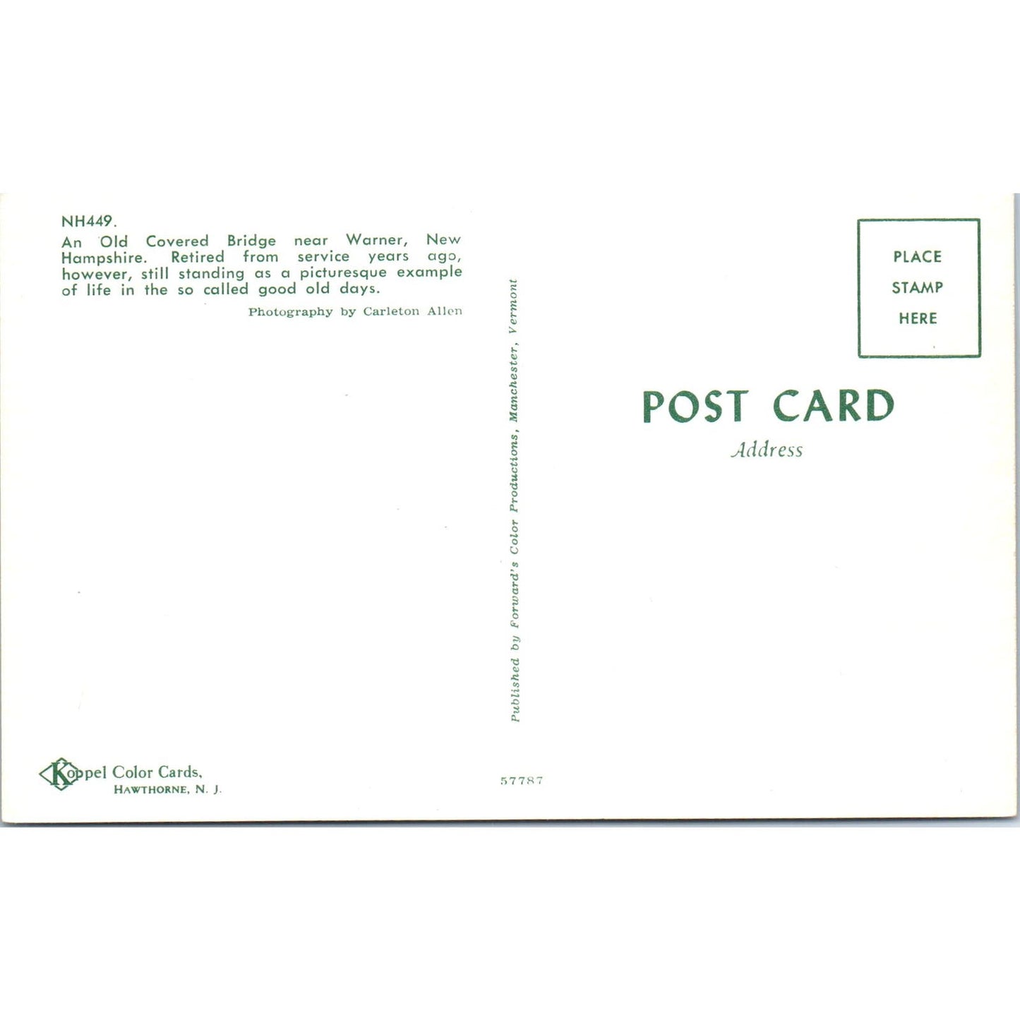 Warner New Hampshire Covered Bridge Postcard PB12