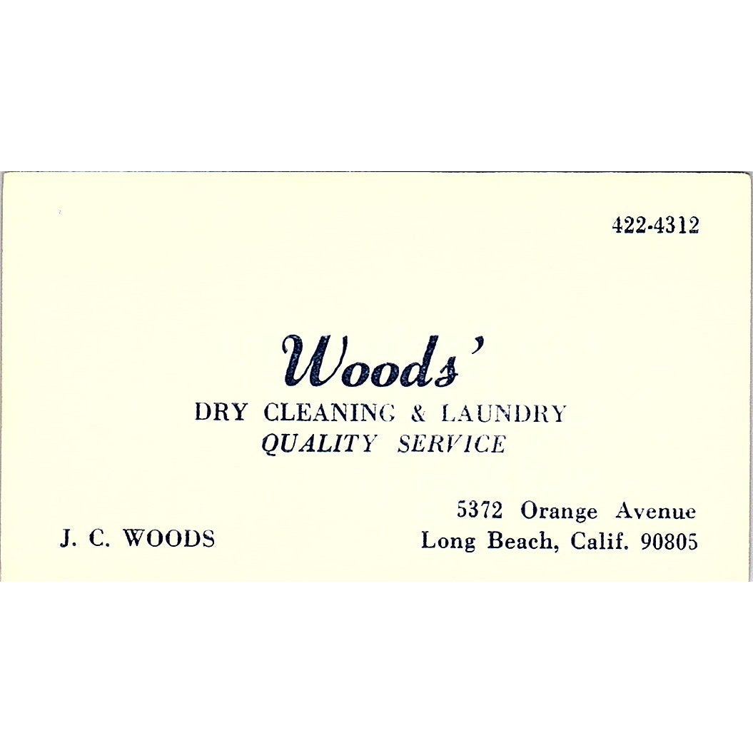 Woods Dry Cleaning & Laundry J.C Wood Long Beach CA Vintage Business Card SF3-B6