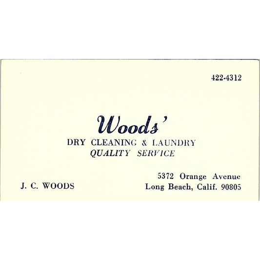 Woods Dry Cleaning & Laundry J.C Wood Long Beach CA Vintage Business Card SF3-B6