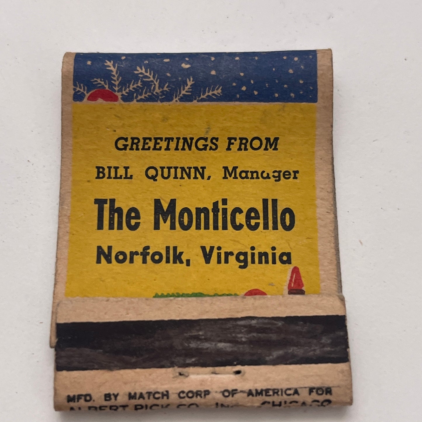 The Monticello Norfolk VA Brian Quinn Merrie Christmas Matchbook Cover TB8-MB-5