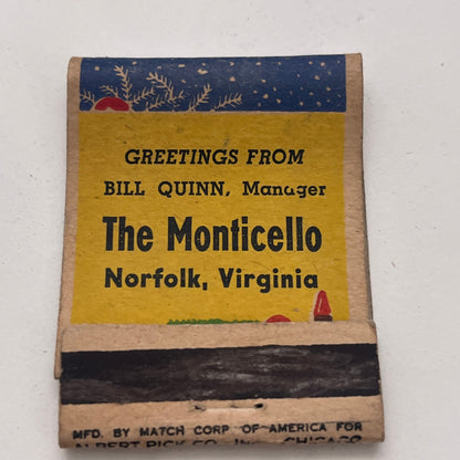 The Monticello Norfolk VA Brian Quinn Merrie Christmas Matchbook Cover TB8-MB-5