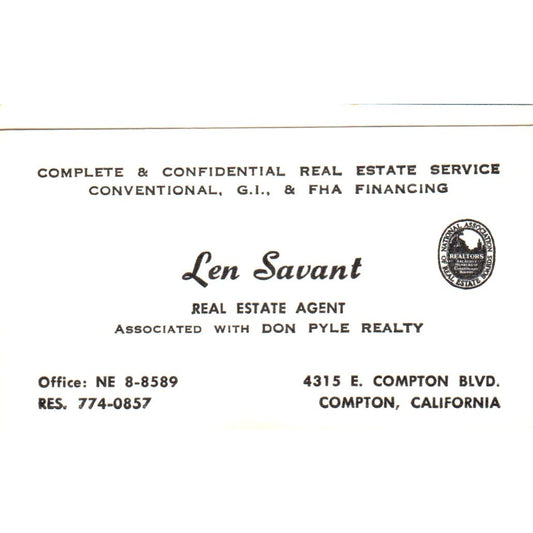 Len Savant Realtor Compton CA Vintage Business Card SD8-B1