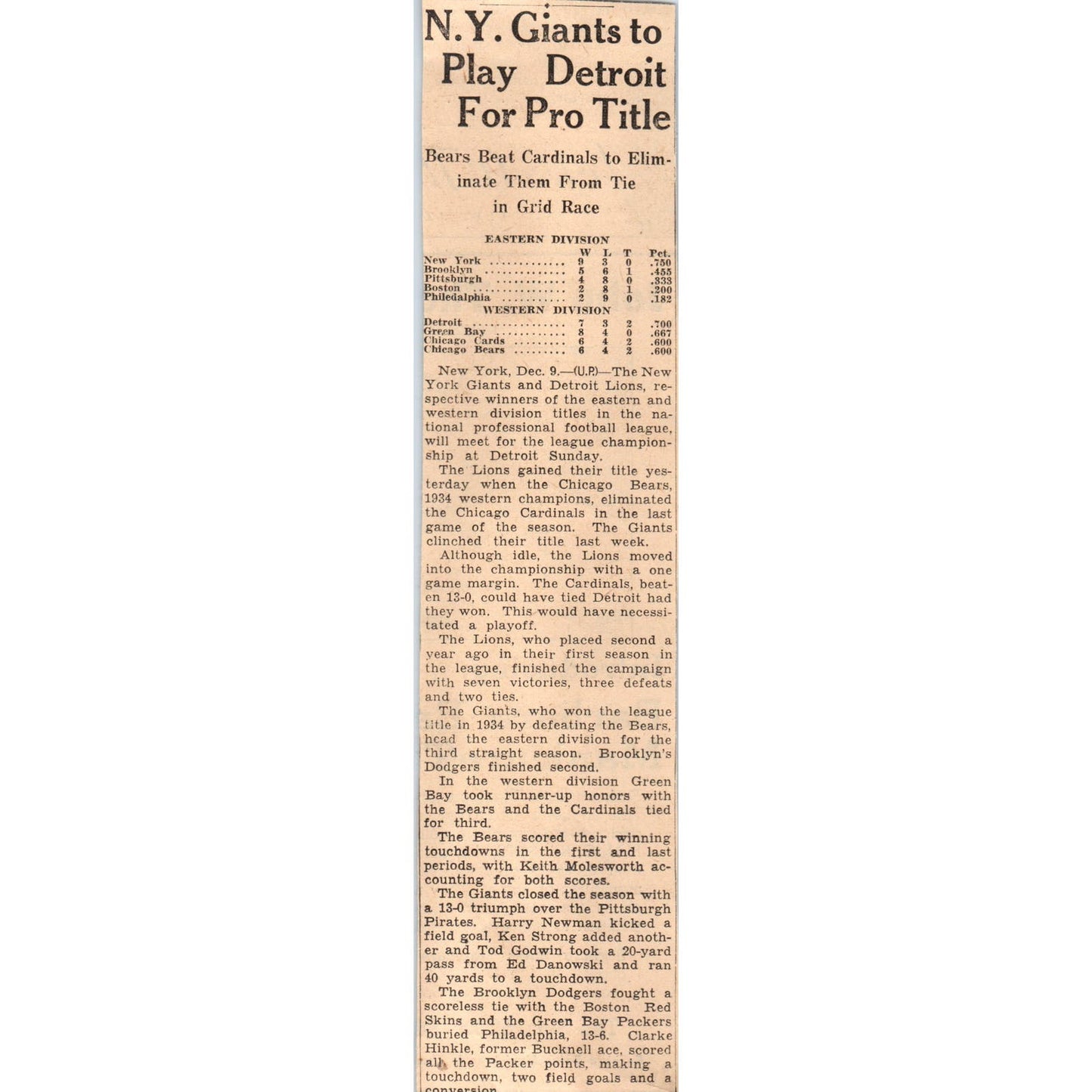 NFL NY Giants to Play Detroit for Title 1935 Minneapolis Journal Article AE7-N4