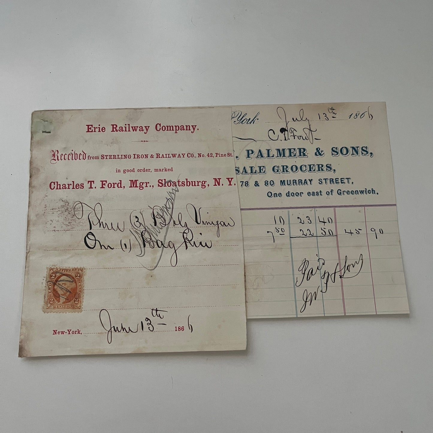 James W. Palmer & Sons Grocers New York 1866 Billhead & Erie Ry Waybill C15
