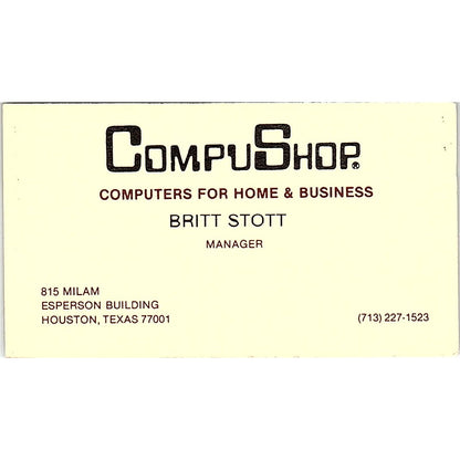 Britt Stott CompuShop Computers Houston TX Vintage Business Card SD9-B2