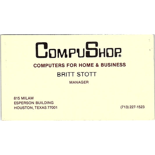 Britt Stott CompuShop Computers Houston TX Vintage Business Card SD9-B2