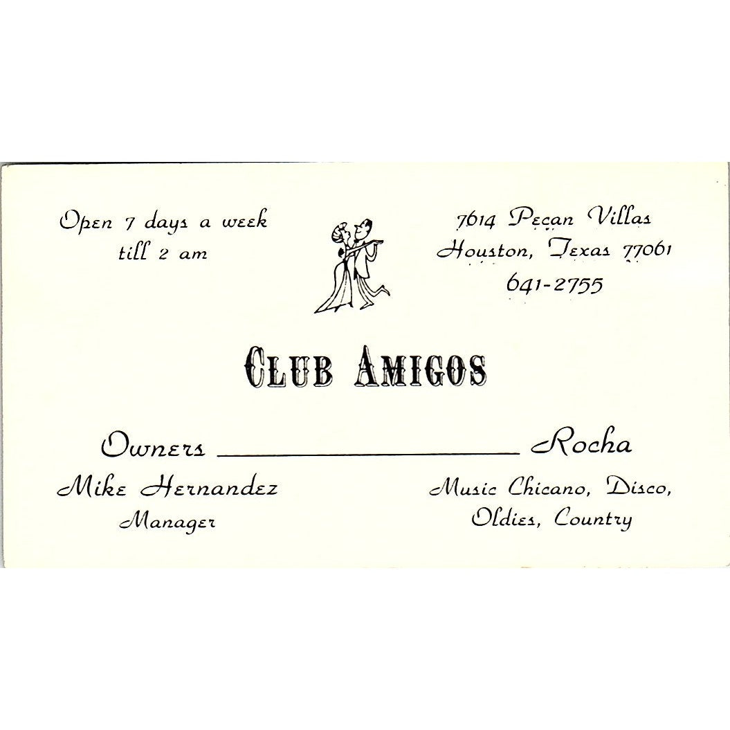 Club Amigos Mike Hernandez Houston TX Vintage Business Card SD9-B5
