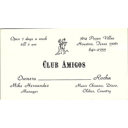 Club Amigos Mike Hernandez Houston TX Vintage Business Card SD9-B5
