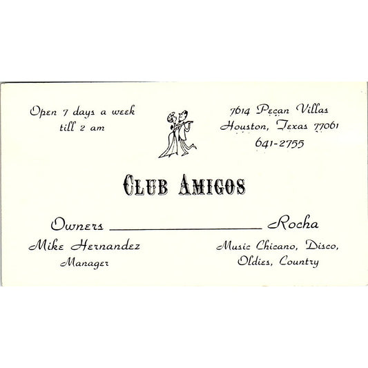 Club Amigos Mike Hernandez Houston TX Vintage Business Card SD9-B5