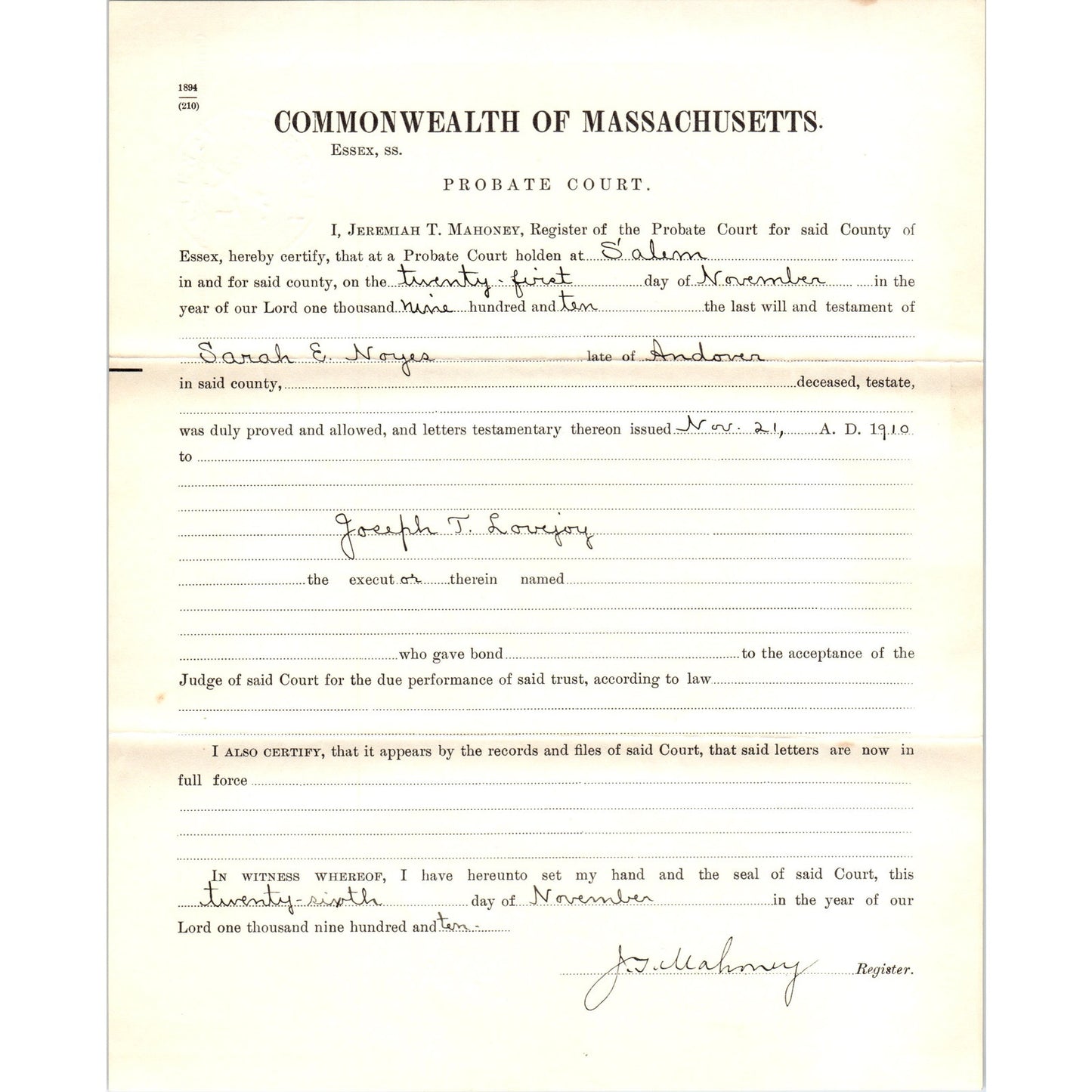 1910 Salem MA Probate Court Last Will and Testament of Sarah E. Noyes D23