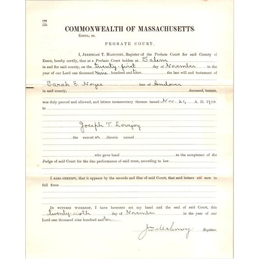 1910 Salem MA Probate Court Last Will and Testament of Sarah E. Noyes D23