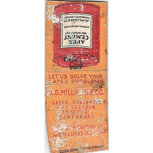 J.G. Milligan & Co Apex Cement Milwaukee WI Vintage Matchbook Cover SF3-Y9