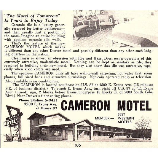 Cameron Motel, Denver Motel Denver CO 1958 Ad AG1-H1
