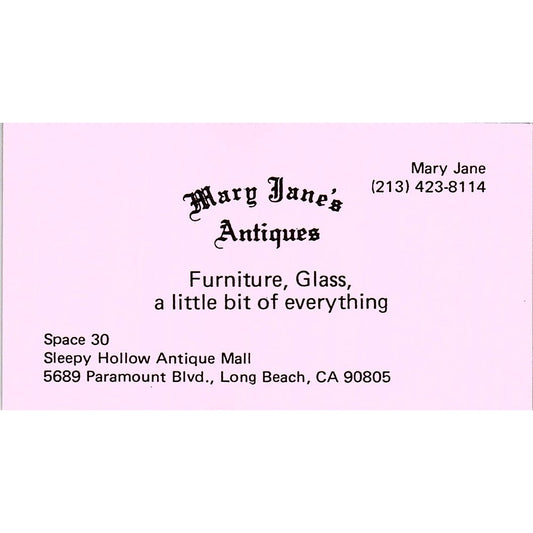 Mary Jane's Antiques Sleepy Hollow Antique Mall Long Beach Business Card SE3-B16