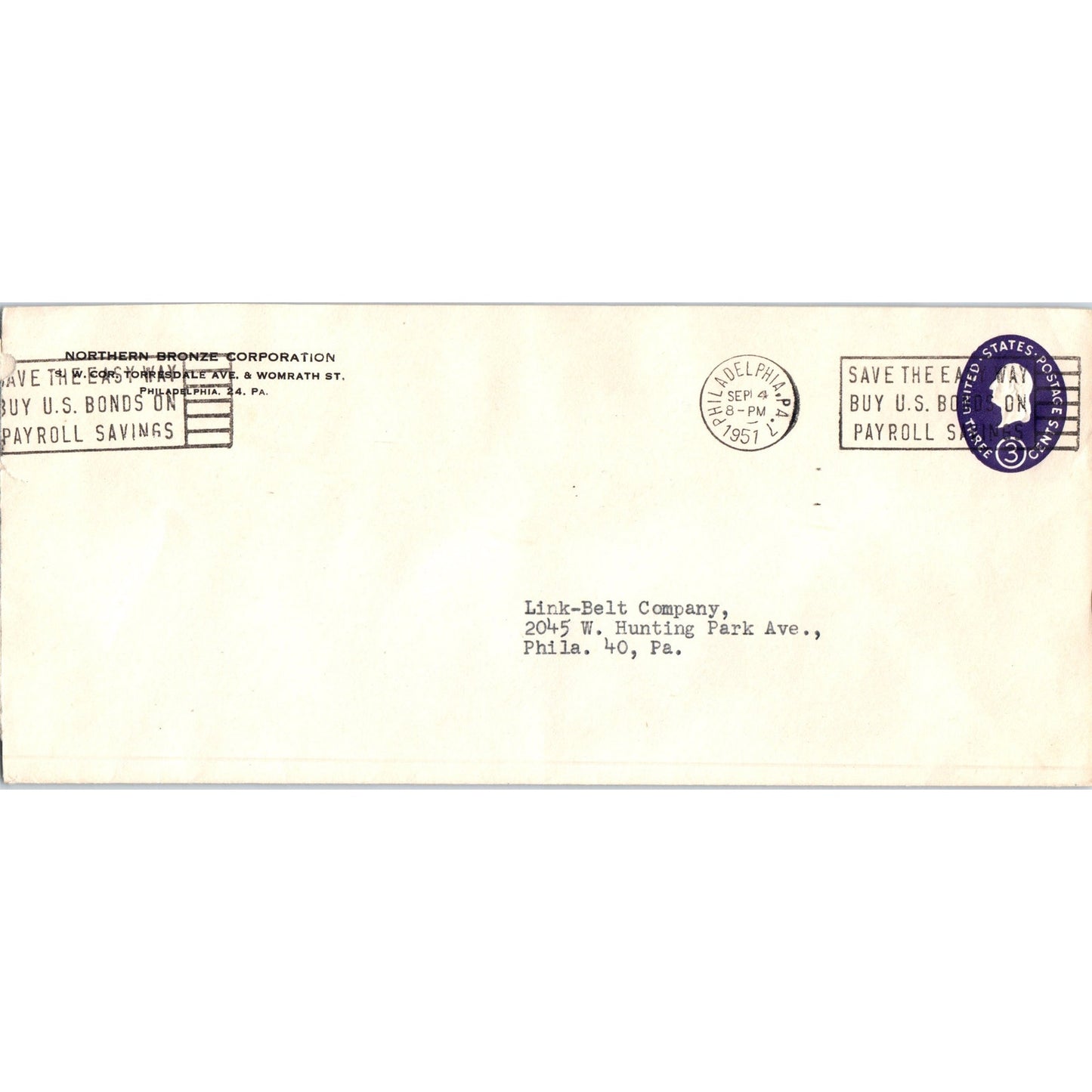 1951 Northern Bronze Corp to Link-Belt Co Philadelphia Postal Cover TH9-L2