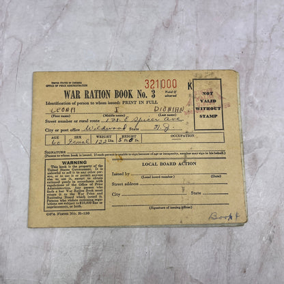 c1945 WWII Ration Book Three Leona Dionian Wildwood NJ TJ5-E1