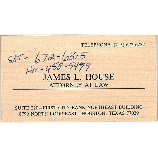 James L House Attorney Houston TX Vintage Business Card SE3-B12