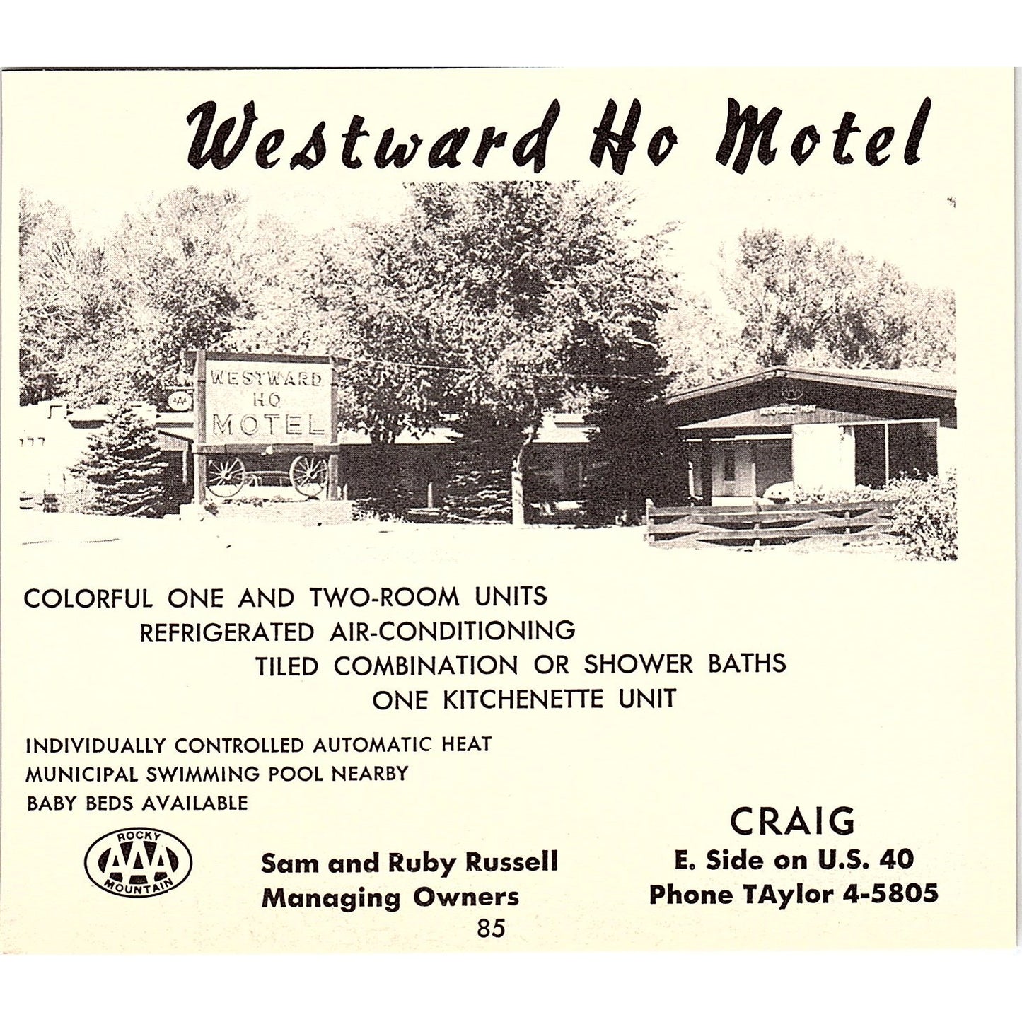 Westward Ho Motel Sam & Ruby Russell Craig CO 1958 Ad AG1-H4