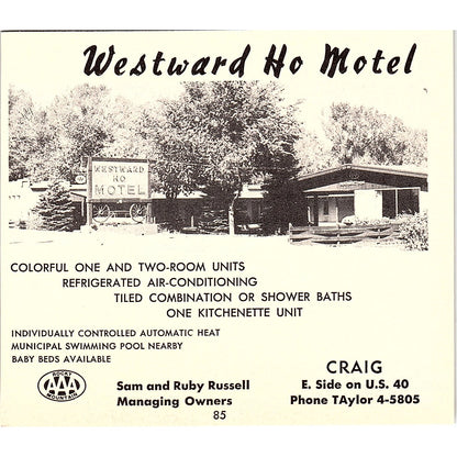 Westward Ho Motel Sam & Ruby Russell Craig CO 1958 Ad AG1-H4
