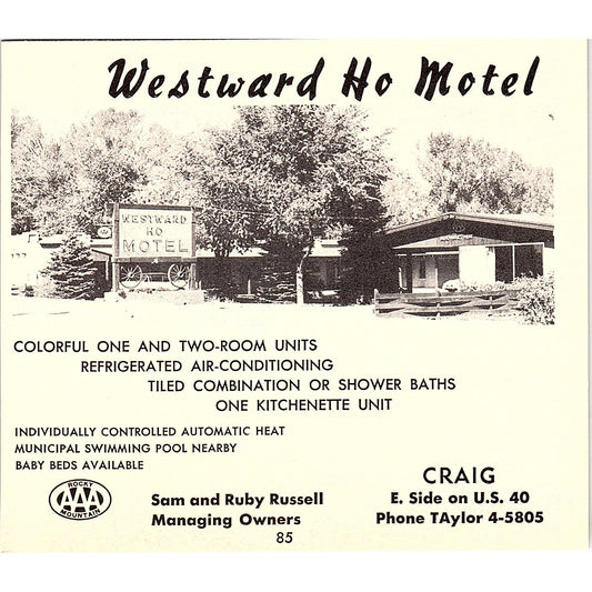 Westward Ho Motel Sam & Ruby Russell Craig CO 1958 Ad AG1-H4