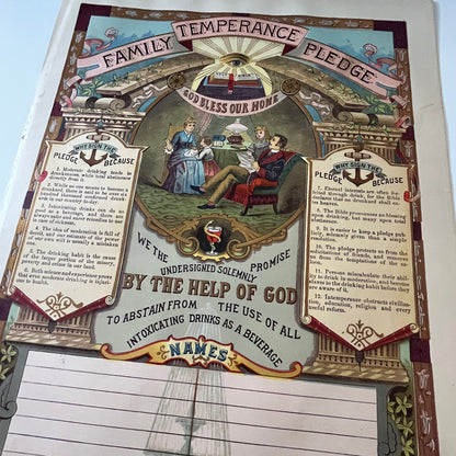 Family Temperance Pledge Wall Art 1892 Bible Engraving V1-6