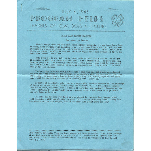 July 6 1949 Program Helps Leaders of Iowa Boys 4-H Clubs 4 Page Leaflet AG5-2