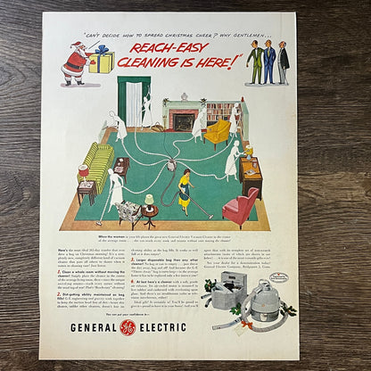 Vintage GE Vacuum Cleaner Christmas Gift Santa Claus Magazine Ad 10x14 V3