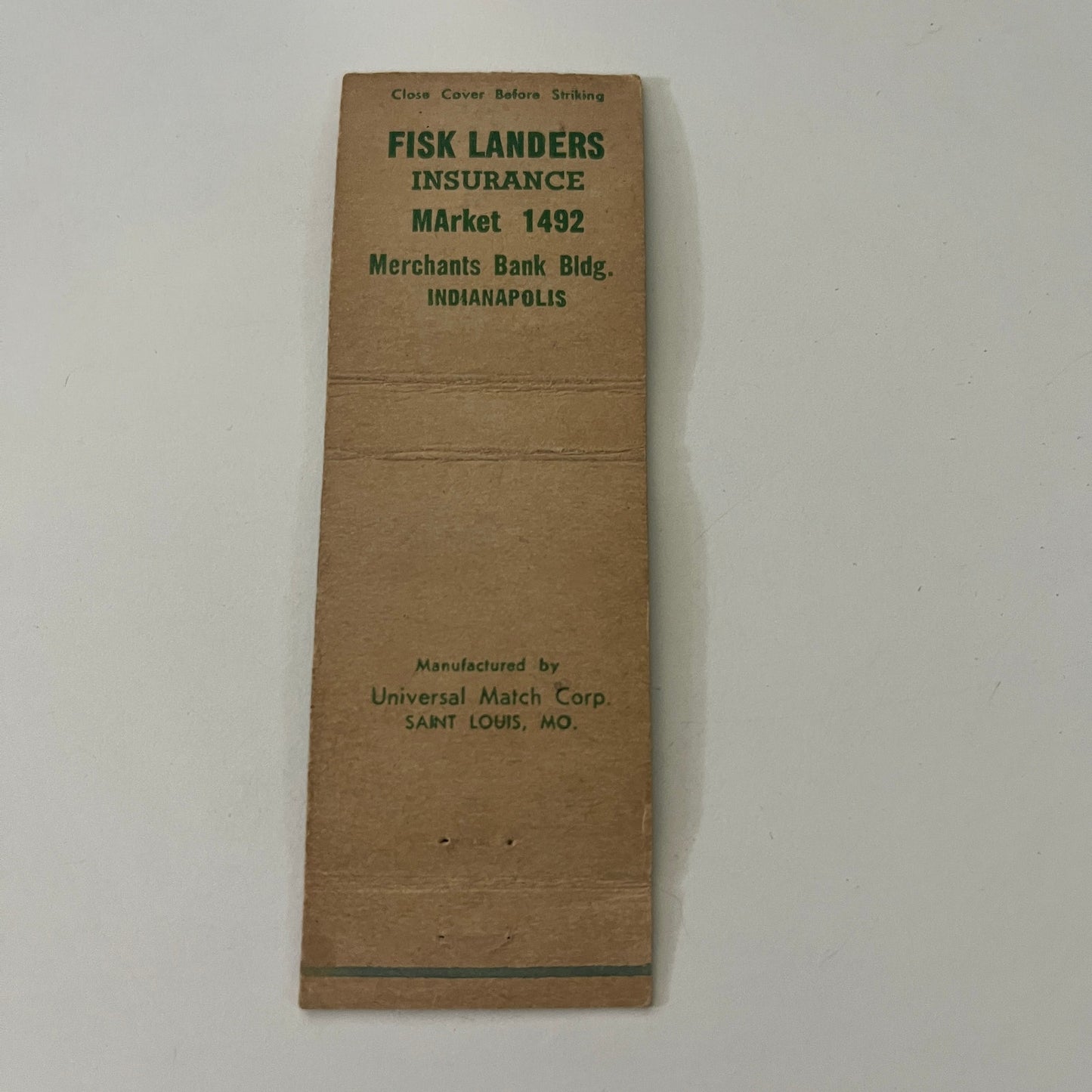 Fisk Landers Insurance Indianapolis IN Vintage Matchbook Cover MB8-6