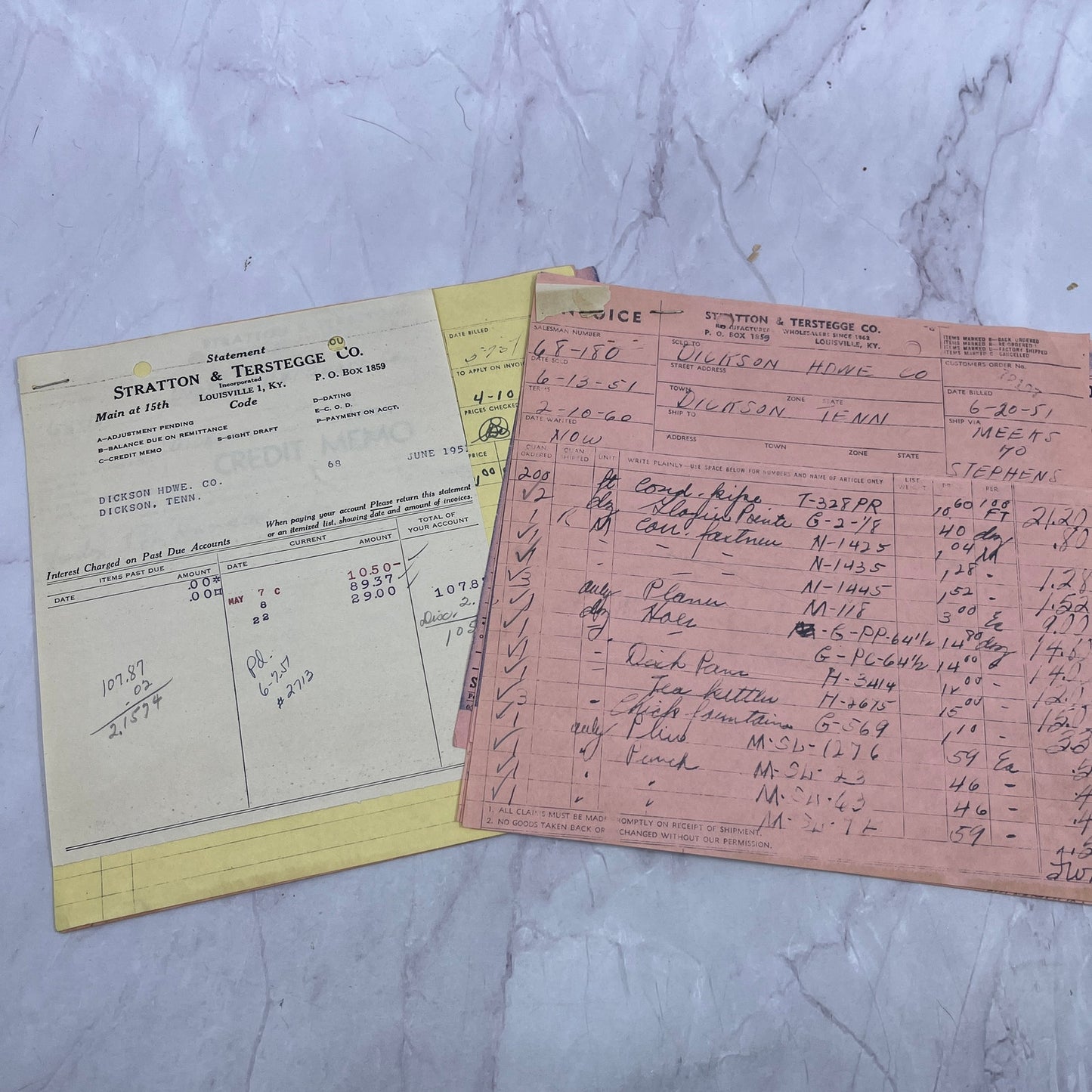 1950s Stratton & Terstegge Co Louisville KY Billhead Invoice Lot TC5-RD