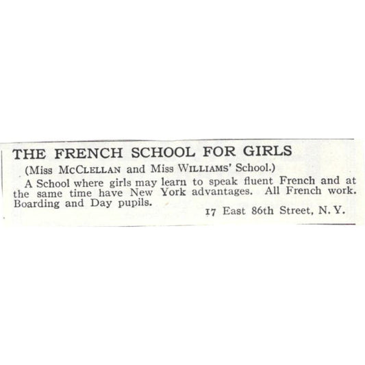 The French School for Girls Miss McClellan & Williams NY c1918 Ad AE5-SA10