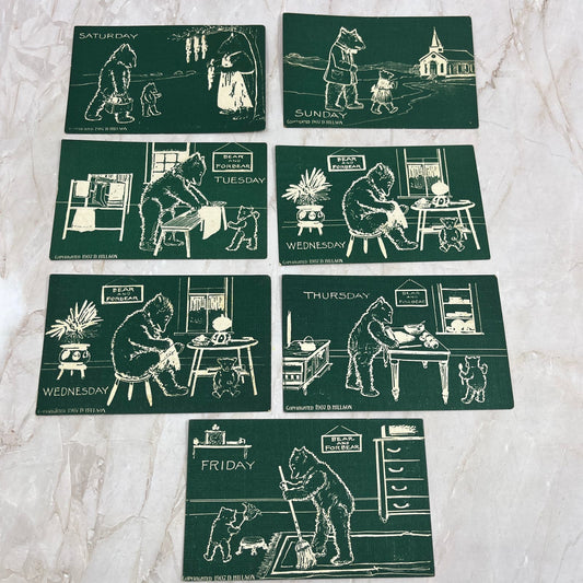 1907 D. Hillson Illustrated Teddy Bear Days of the Week Postcard Set TF5-L3