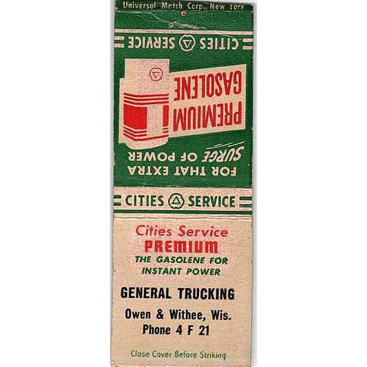 General Trucking Owen & Withee WI Cities Service Vintage Matchbook Cover SF3-Y8