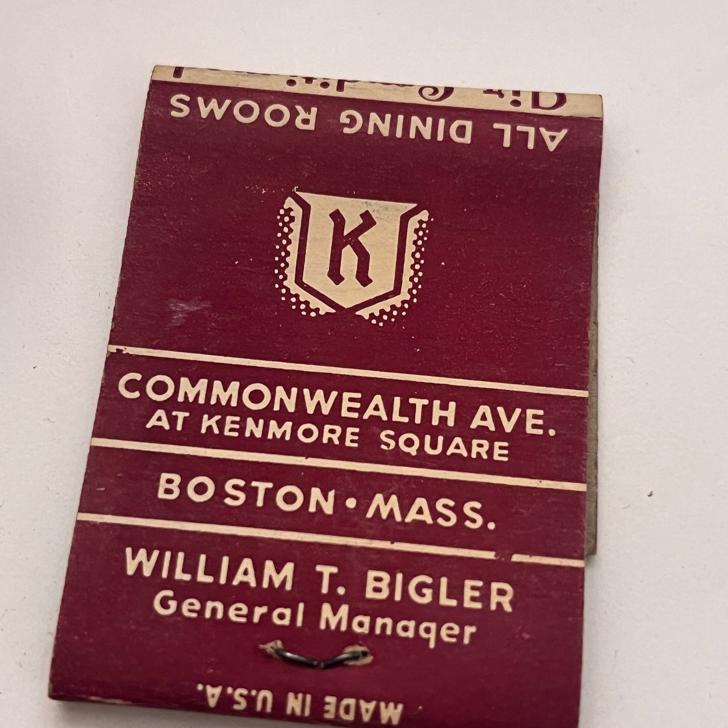 Hotel Kenmore Boston MA William T Bigler Vintage Matchbook Cover TB8-MB-5