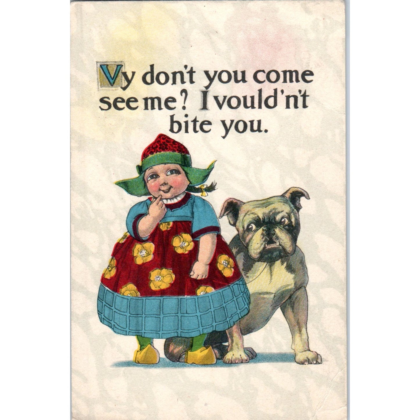 Dutch Girl and Dog - I Vouldn't Bite You Illustration Humor Vintage Postcard PE2