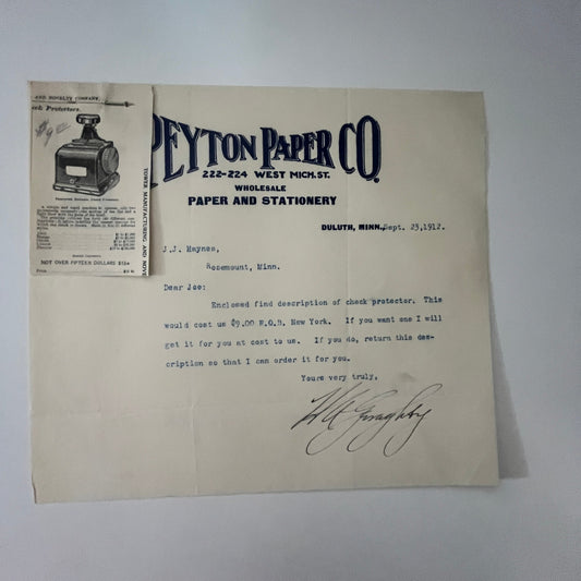 1912 Peyton Paper Co. Paper & Stationery Duluth MN Letterhead K22