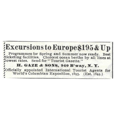 Europe Excursions H. Gaze & Sons NY c1890 Victorian Ad AE9-CH4